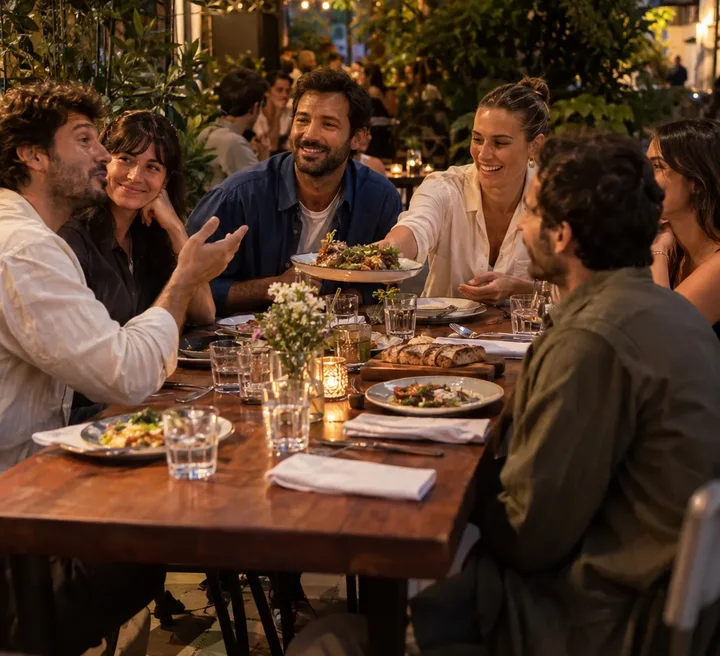 Grupo de amigos compartiendo una cena al aire libre