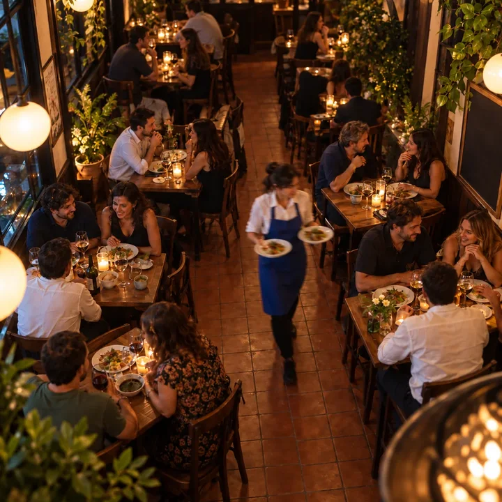 Salón de restaurante lleno, visto desde arriba